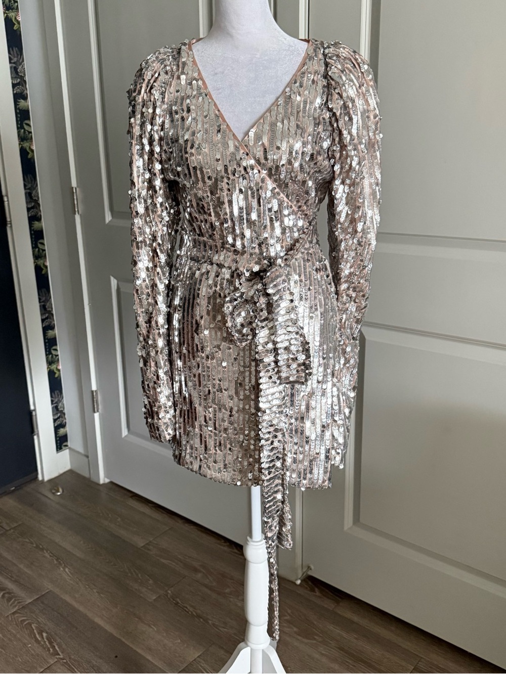 ROTATE Birger Christensen Long Sleeve Silver Sequin Mini Party Wrap Dress Size S